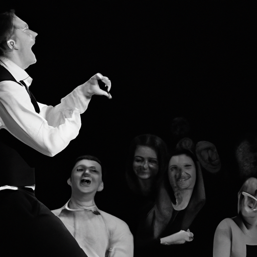 תמונה בשחור-לבן של מנטליסט מבצע טריק בזמן שהקהל פורץ מצחוק