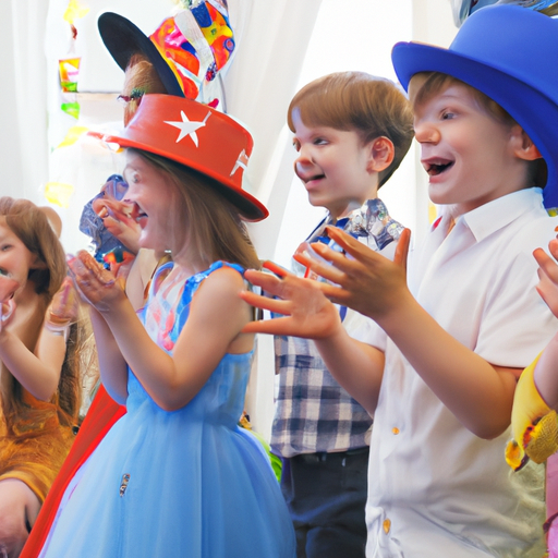 ילדים צוחקים ומוחאים כפיים במהלך מופע קסמים במסיבת יום הולדת