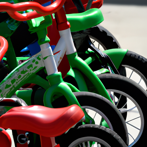 תמונה המציגה מגוון אופניים לילדים בגדלים וצבעים שונים בשורה.